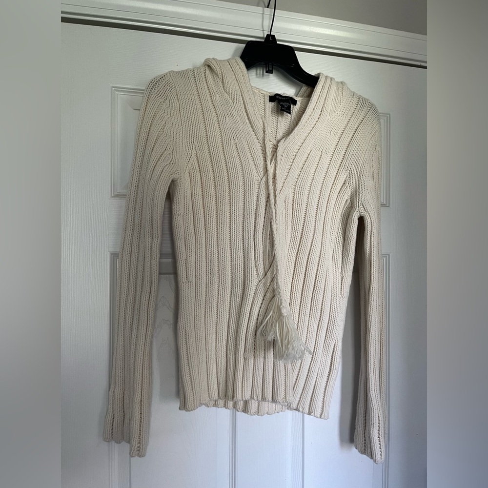 Express Cream Ribbed Hooded Sweater